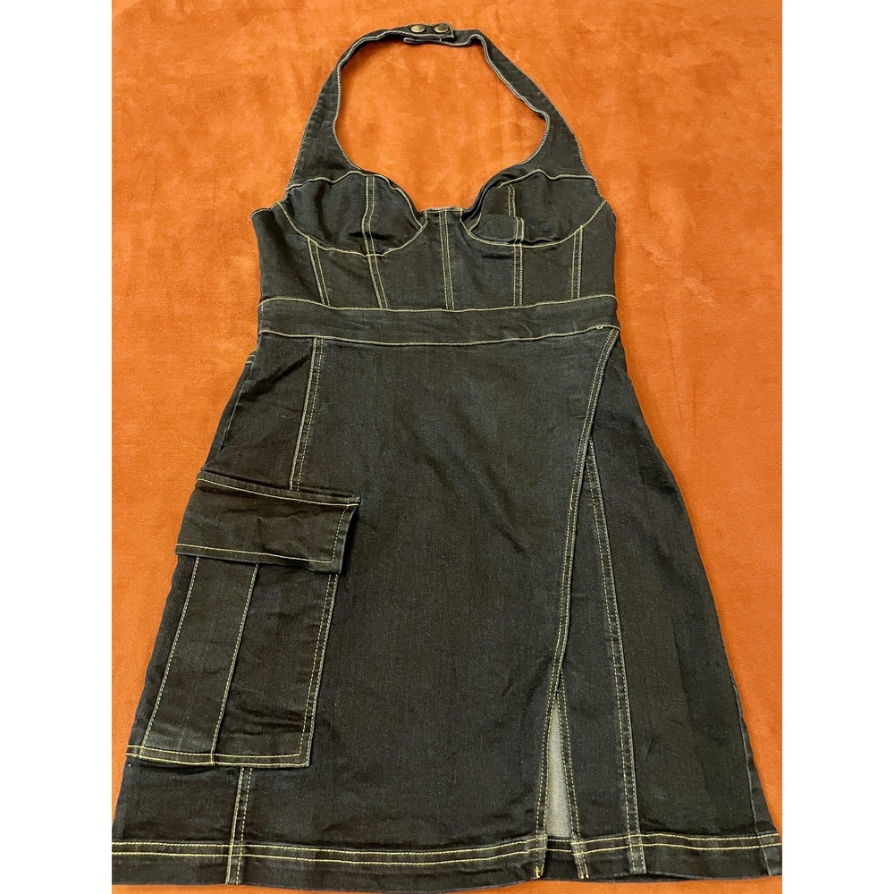 Urban Outfitters Dress Womens S Blue Denim Halter Mini Cargo Pockets Utility